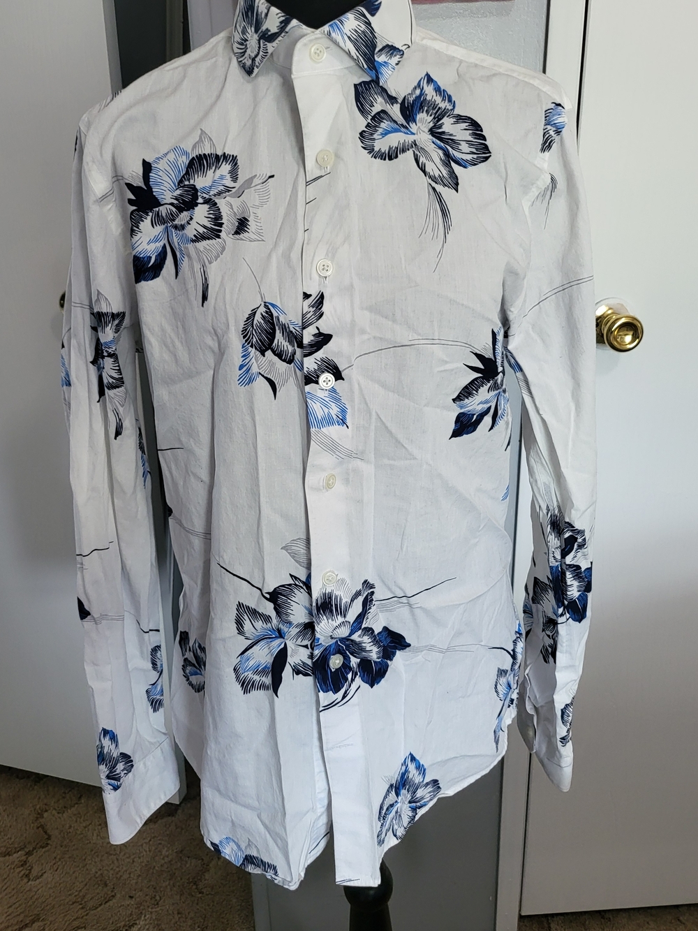 Express White Button-Down Shirt with Blue & Black Floral Print